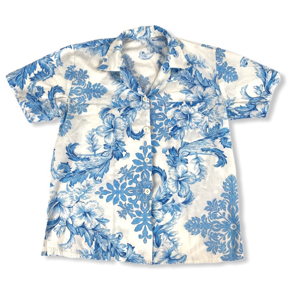 Blue Hawaii Flower Collar Button Up Shirts